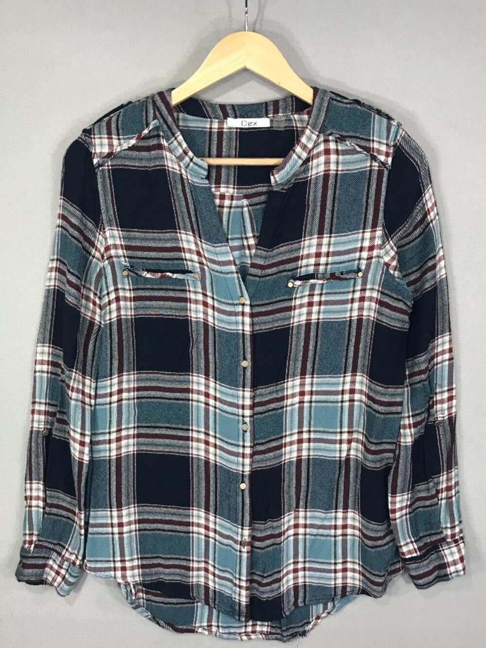 Dex Shirt Women's Small Blue Plaid Button Up Roll Tab Long Sleeve Faux Pockets